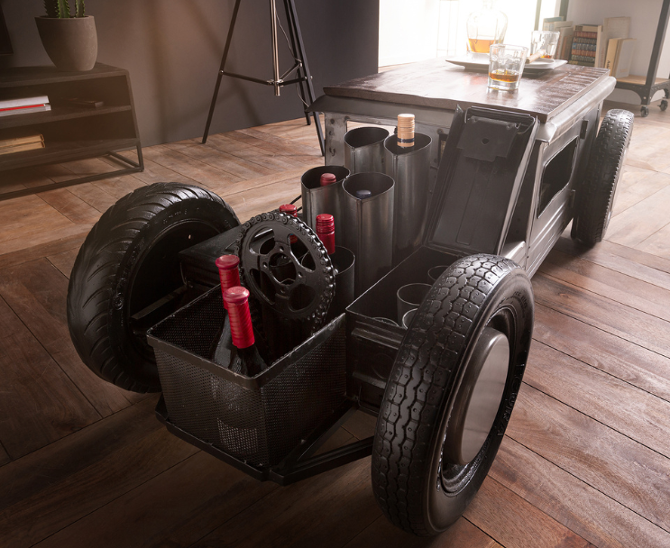 Vintage car-shaped coffee table with hidden compartments.
