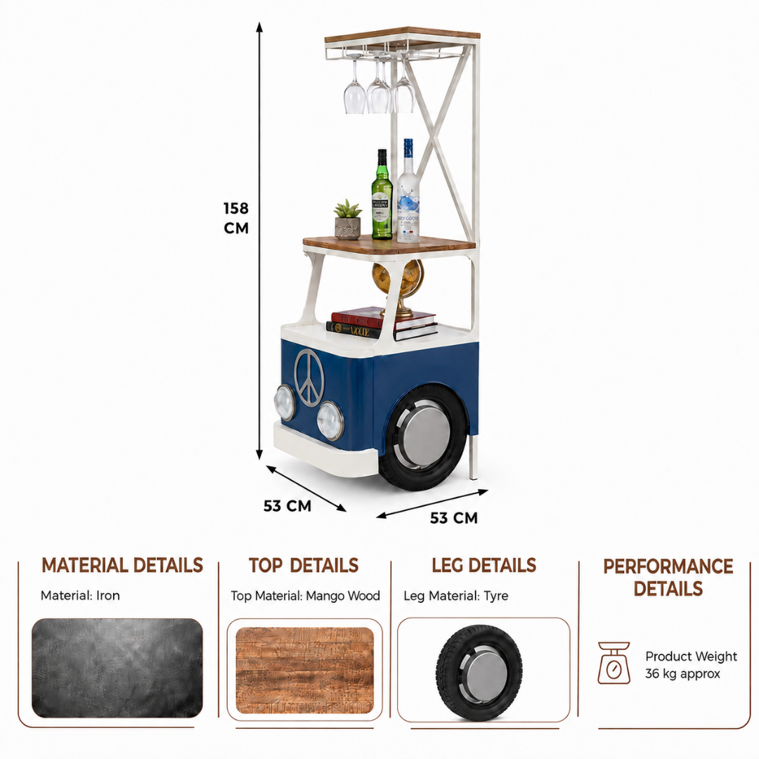 Blue and white vintage van inspired bar unit with iron frame, mango wood shelves, hanging glass rack and tyre detail, measuring 53 cm wide, 53 cm deep and 158 cm high.
