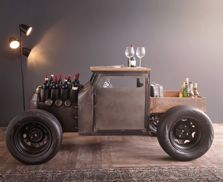 Industrial-style car bar with storage for bottles