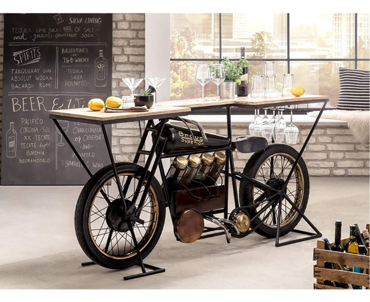 Motorcycle-inspired bar console with vintage design.