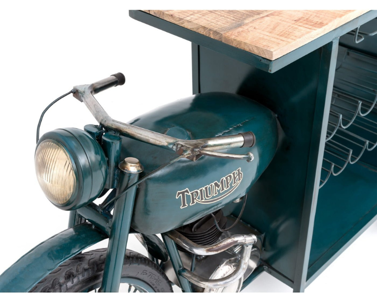 Blue motorcycle bar table with rustic wood top and storage.