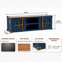 Blue shipping container style TV cabinet made of iron with mango wood top, open shelves and side storage doors, measuring 152 cm wide, 43 cm deep and 51 cm high.