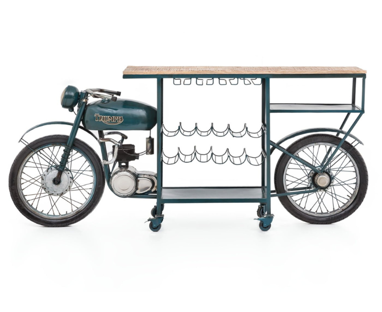 Retro motorbike bar table with stylish design and shelves.