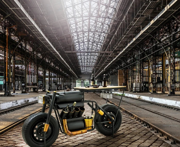 Unique motorcycle bar table with gold and black accents.