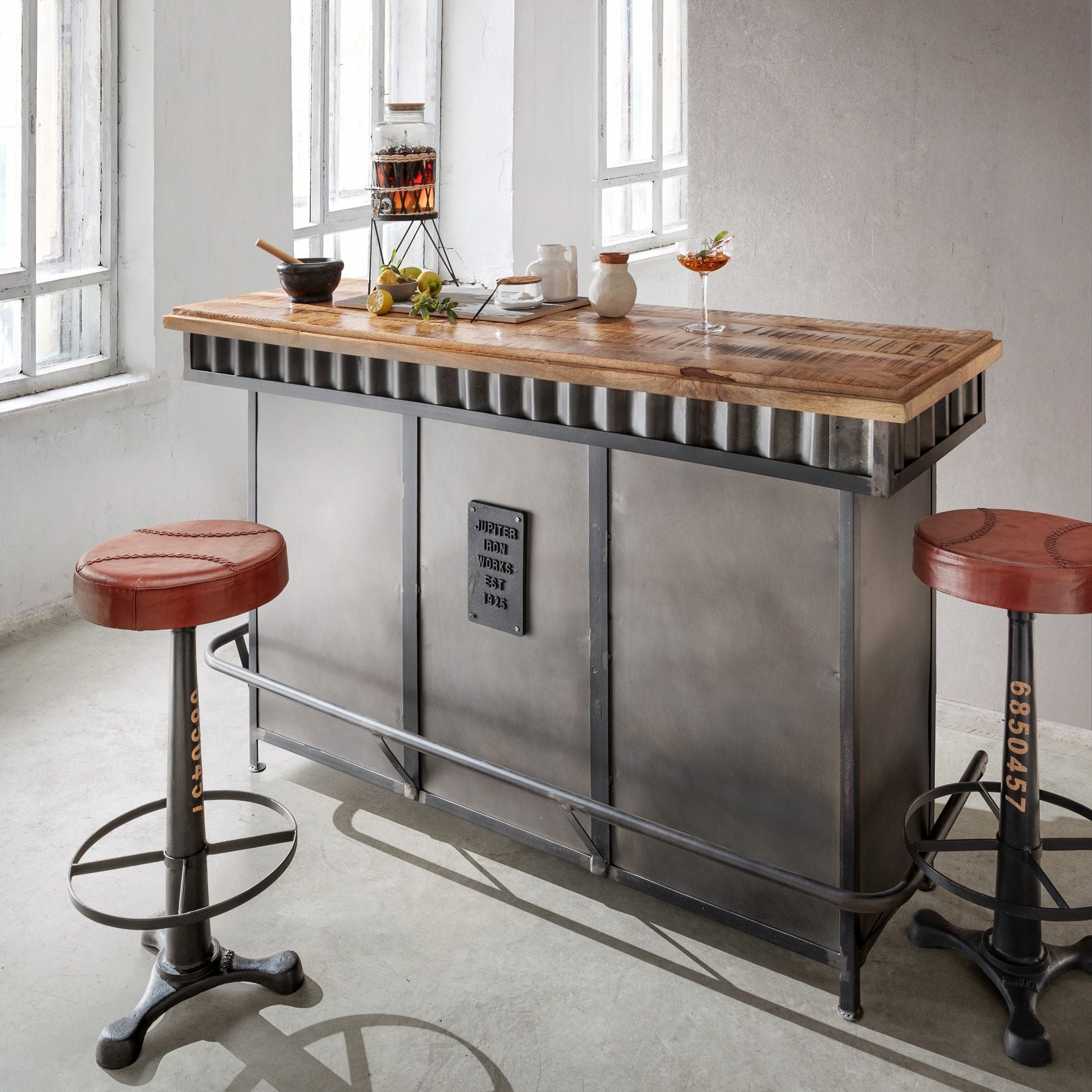 Industrial kitchen bar with wooden countertop