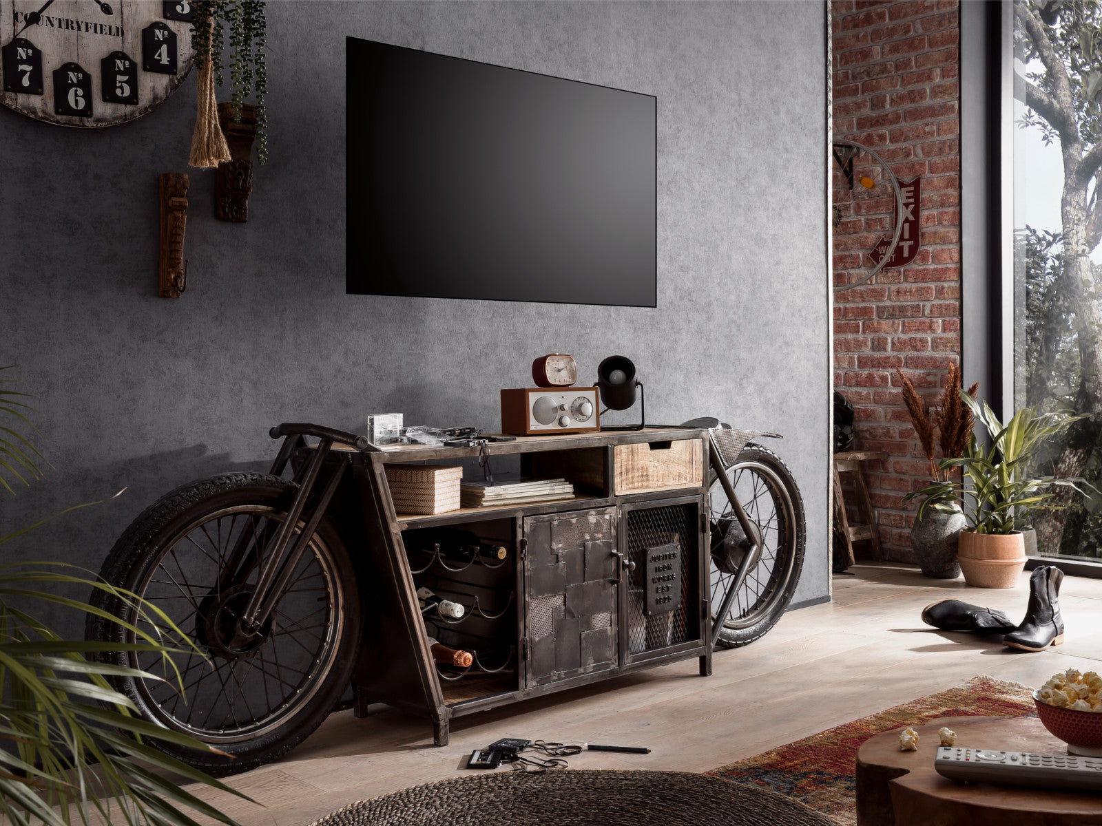 Motorcycle-inspired console with storage and wine rack.