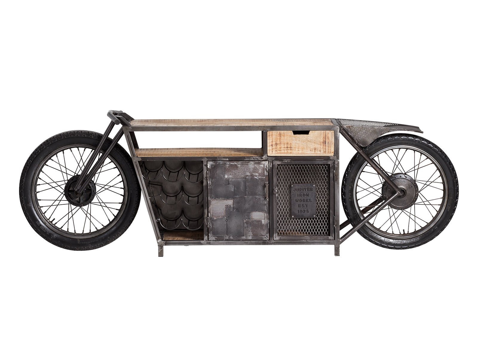 Motorcycle-inspired console with storage and a wooden top.