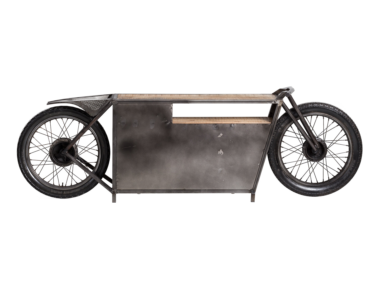 Unique table with a motorcycle base and wine rack