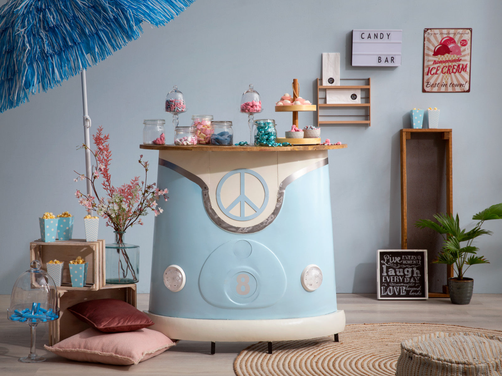 "Vintage drive-inspired counter with peace sign and wooden top.