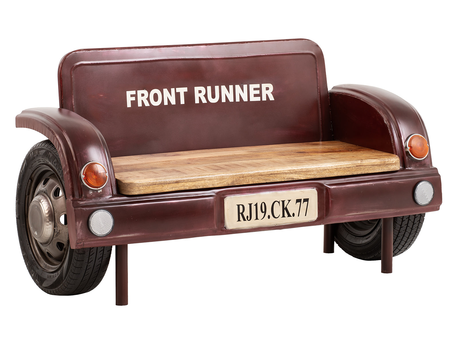 Retro car-inspired couch with 'Front Runner' label 
