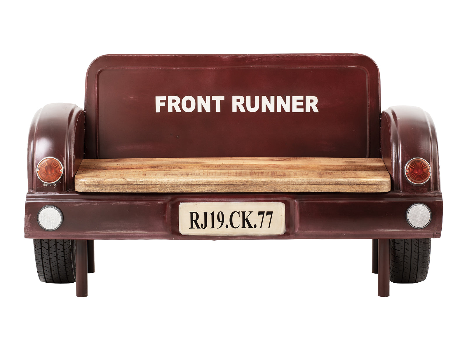 Unique sofa shaped like a car rear with large wheels and a wooden seat.

