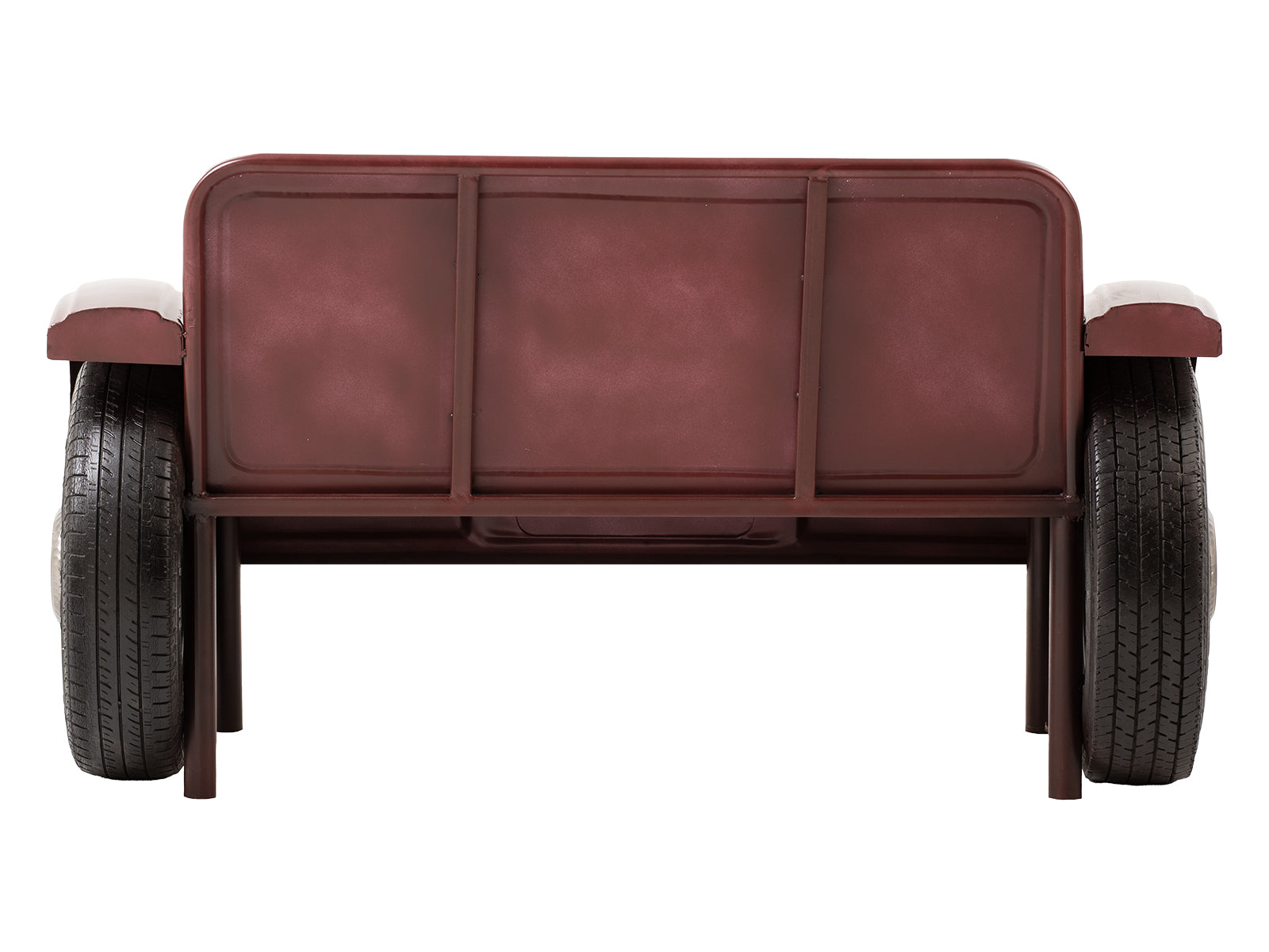 Front runner car-shaped sofa with wheels and a rustic wooden seat.