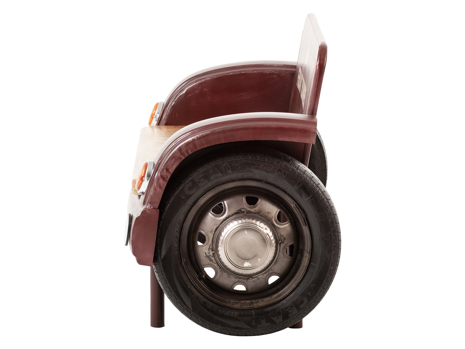  vintage car shaped sofa with wooden seat and wheels.