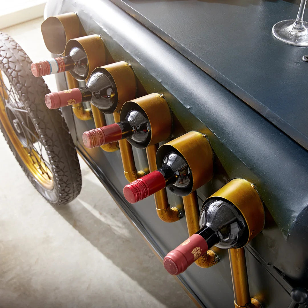 Timeless auto bar table for living room with vintage car design, storage shelves and premium finish by Foxfurn