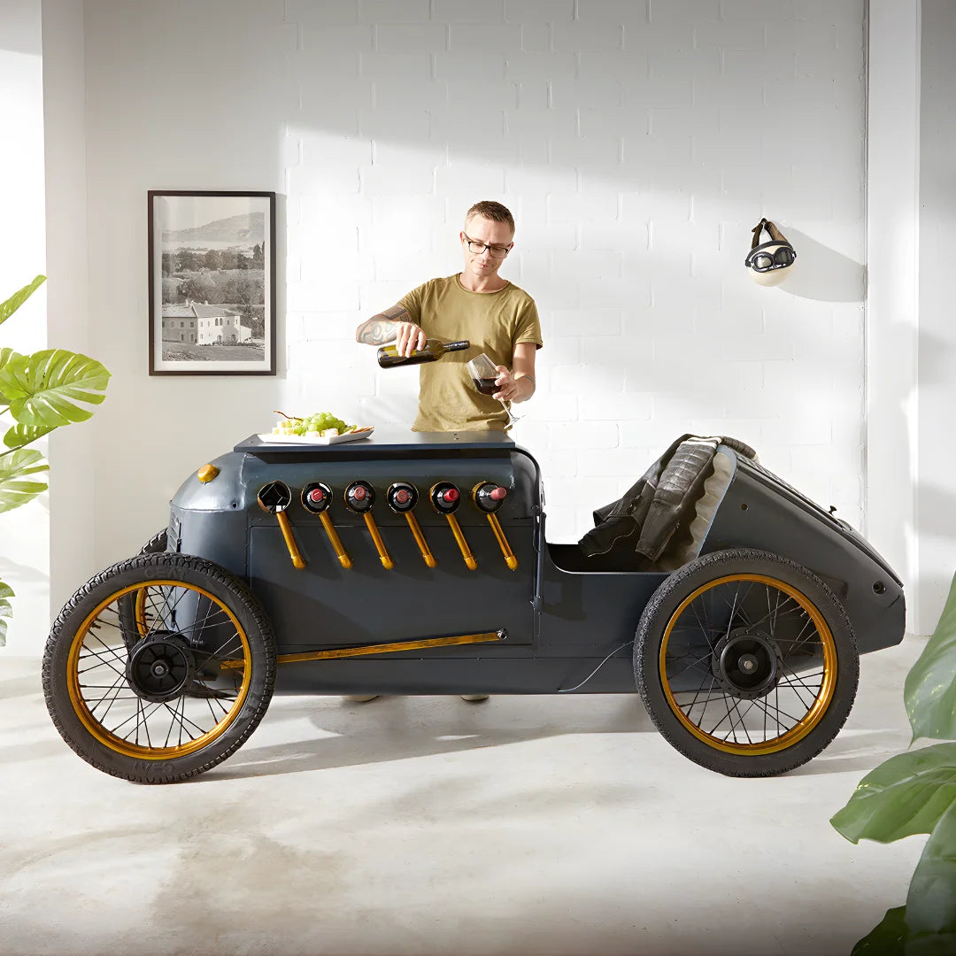 Timeless auto bar table for living room with vintage car design, storage shelves and premium finish by Foxfurn