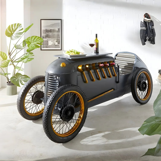 Timeless auto bar table for living room with vintage car design, storage shelves and premium finish by Foxfurn