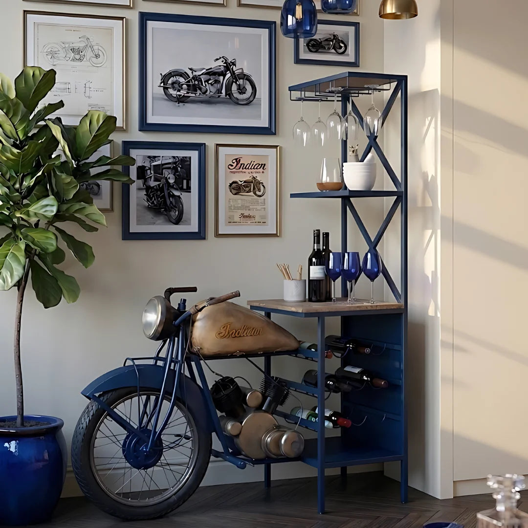 Handmade motorcycle themed bar shelf with storage by Foxfurn