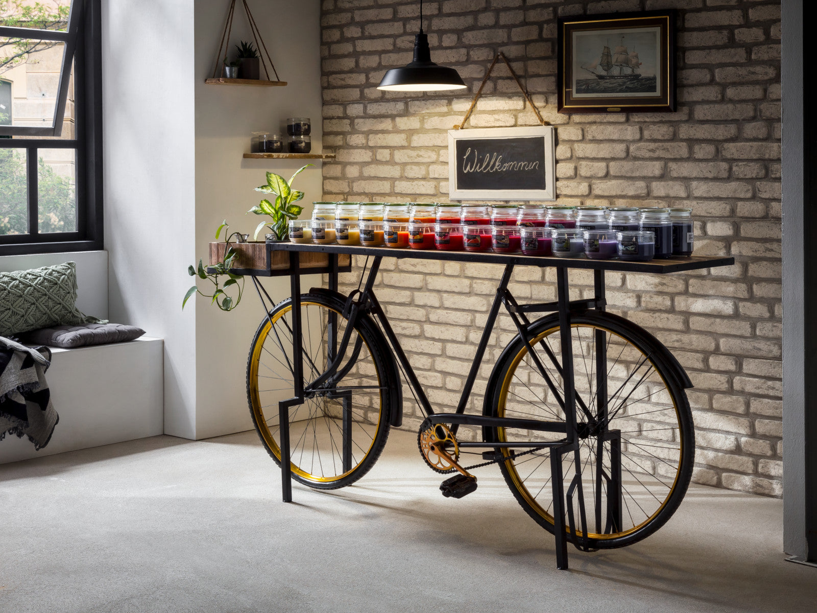 Bicycle-inspired table with wooden top