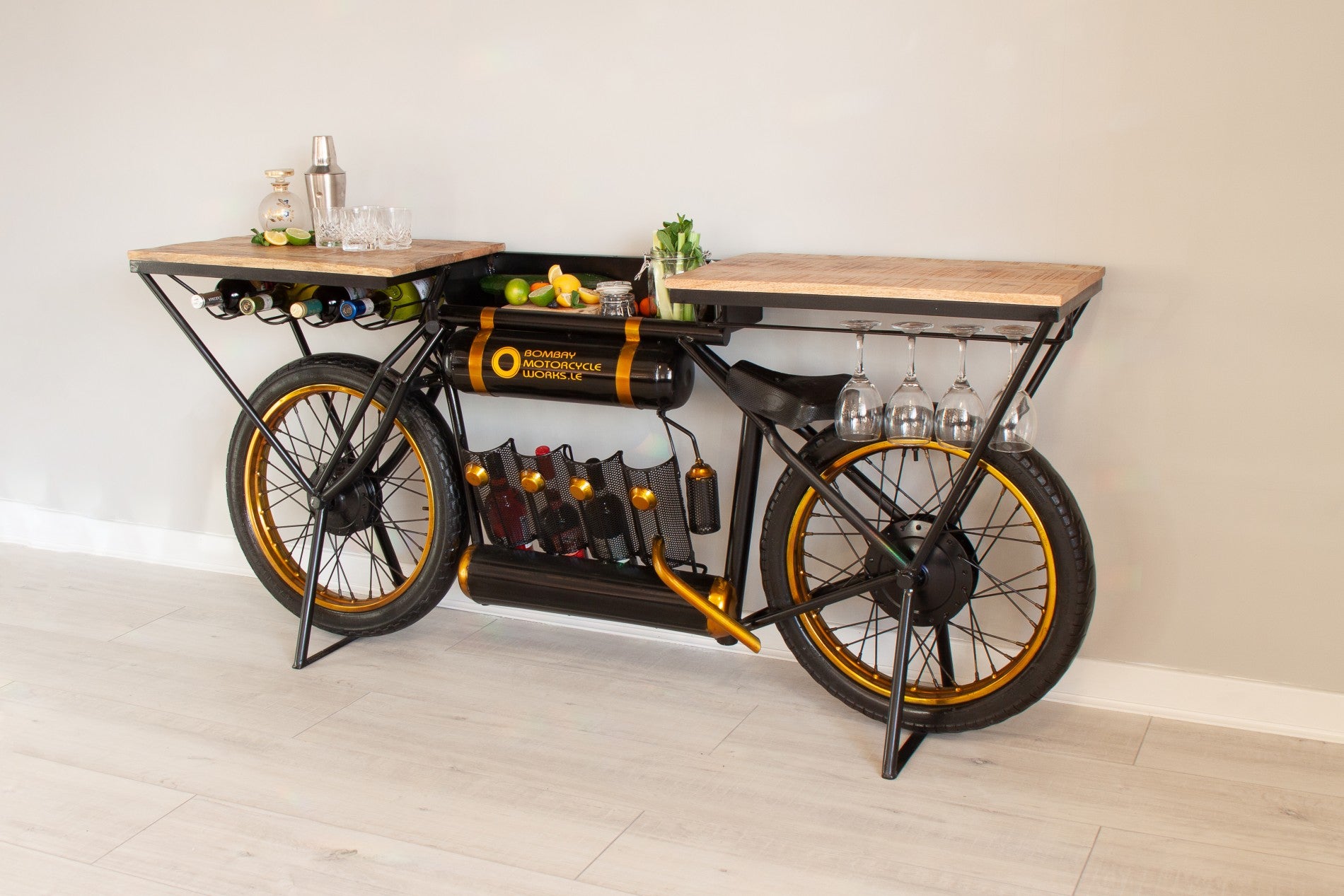 Industrial bike table with unique bicycle frame base and wooden surface