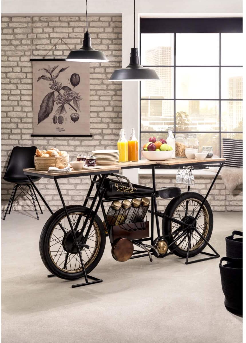Stylish motorcycle bar console with retro design and wheels.