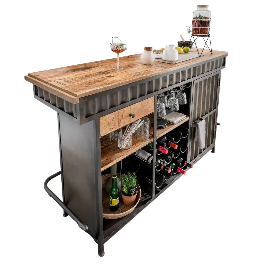Modern home bar counter with storage cabinet and wooden finish, perfect for stylish home bar setups by Foxfurn