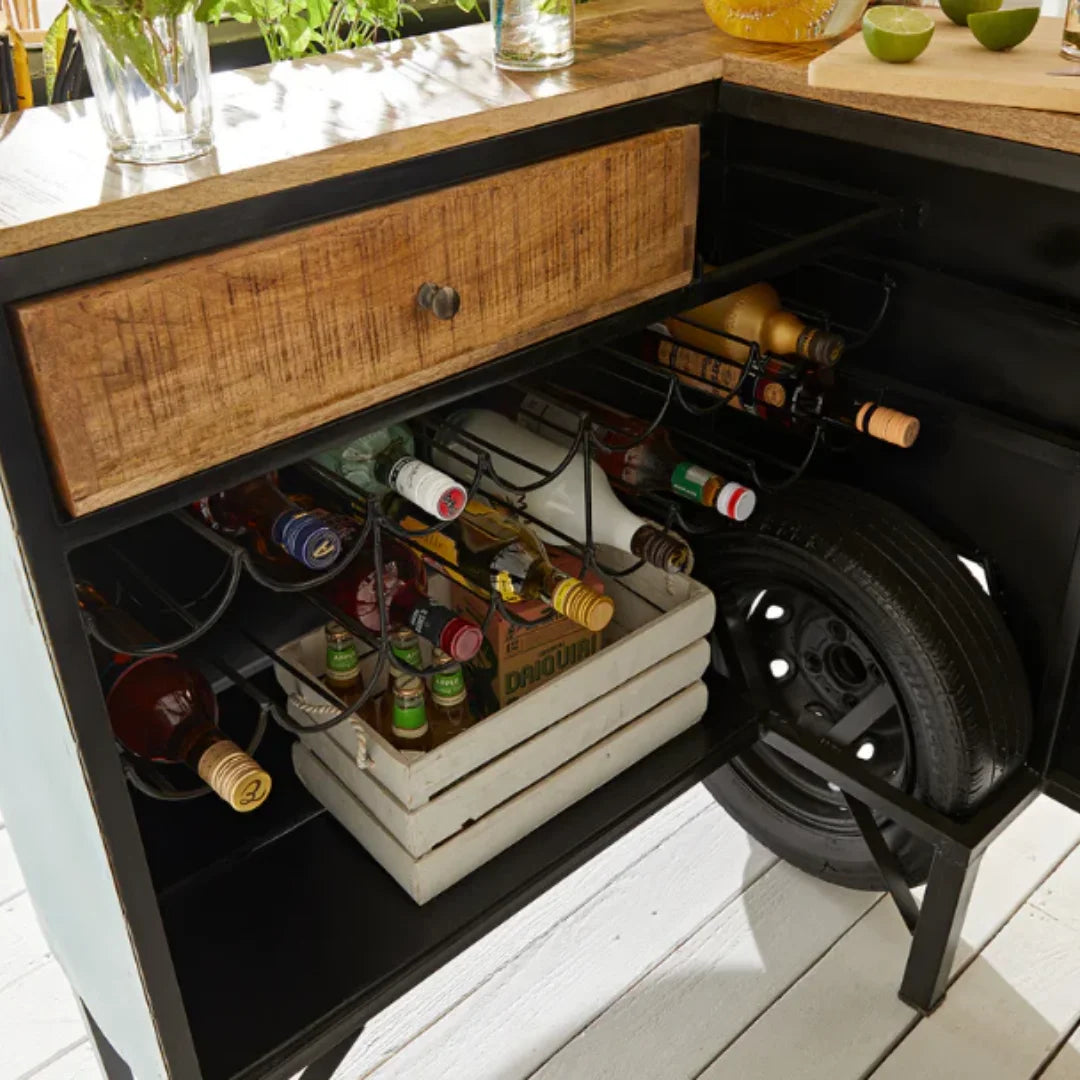 Bus front bar counter with vintage design, wooden finish and storage shelves for stylish home bar setup