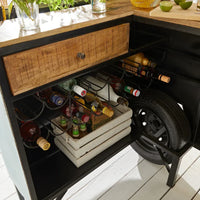 Bus front bar counter with vintage design, wooden finish and storage shelves for stylish home bar setup
