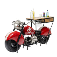 Motorbike bar cabinet with industrial design, wooden finish and storage shelves for bottles and glassware