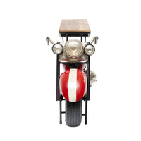 Motorbike bar cabinet with industrial design, wooden finish and storage shelves for bottles and glassware