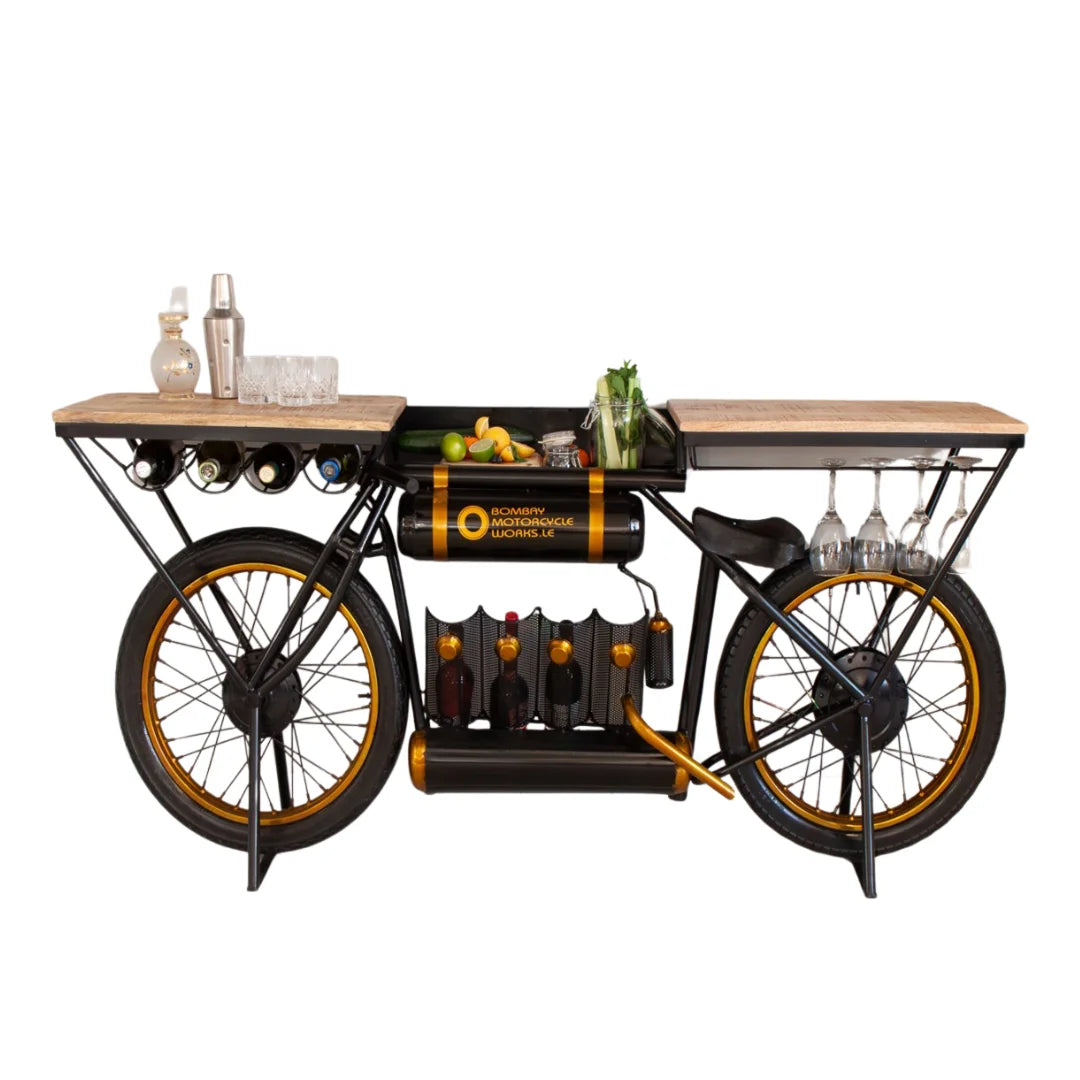 Motorcycle bar console table with wooden top and metal body, perfect for home bar and stylish interiors