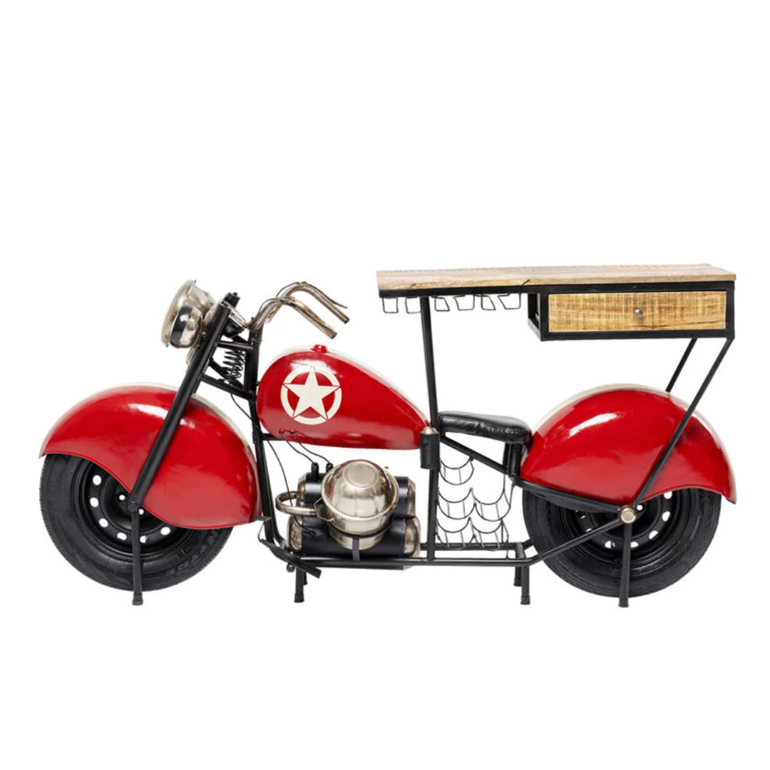 Motorbike bar cabinet with industrial design, wooden finish and storage shelves for bottles and glassware