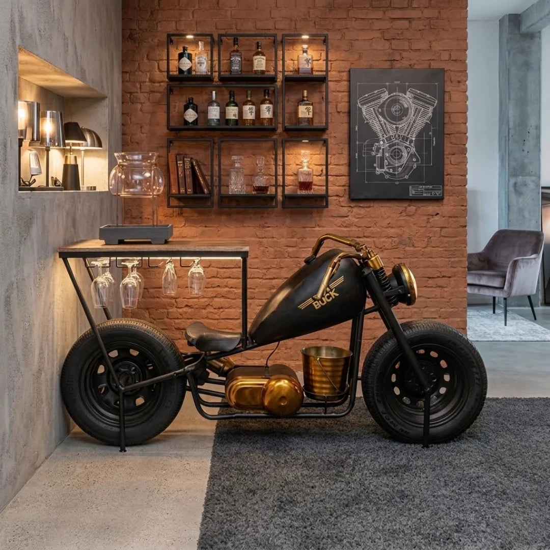 Motorcycle bar console bobber edition with metal body and wooden storage shelves handcrafted by Foxfurn