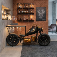 Motorcycle bar console bobber edition with metal body and wooden storage shelves handcrafted by Foxfurn