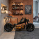 Motorcycle bar console bobber edition with metal body and wooden storage shelves handcrafted by Foxfurn