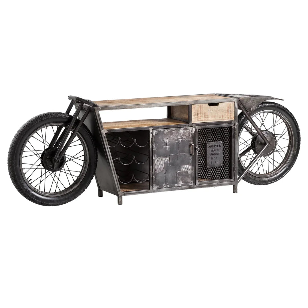 Stylish motorcycle bar furniture with wooden finish and built-in storage cabinet by Foxfurn for home bars