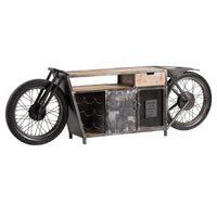 Stylish motorcycle bar furniture with wooden finish and built-in storage cabinet by Foxfurn for home bars