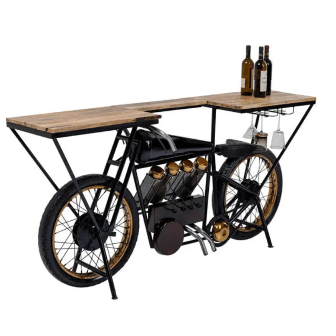 Brough bike wooden bar console table with vintage design and storage, perfect for stylish home bar setup
