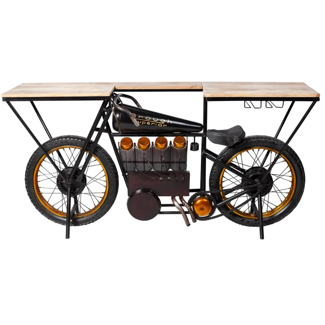Brough bike wooden bar console table with vintage design and storage, perfect for stylish home bar setup