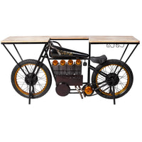 Brough bike wooden bar console table with vintage design and storage, perfect for stylish home bar setup