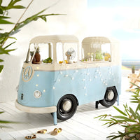 Bus front bar counter with vintage design, wooden finish and storage shelves for stylish home bar setup