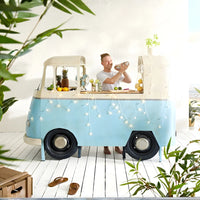 Bus front bar counter with vintage design, wooden finish and storage shelves for stylish home bar setup