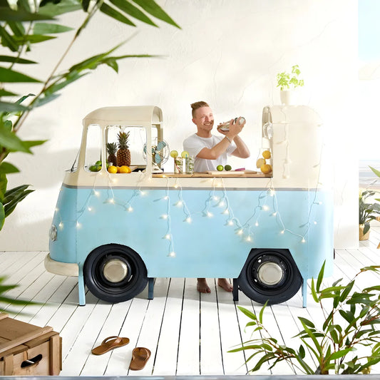 Bus front bar counter with vintage design, wooden finish and storage shelves for stylish home bar setup