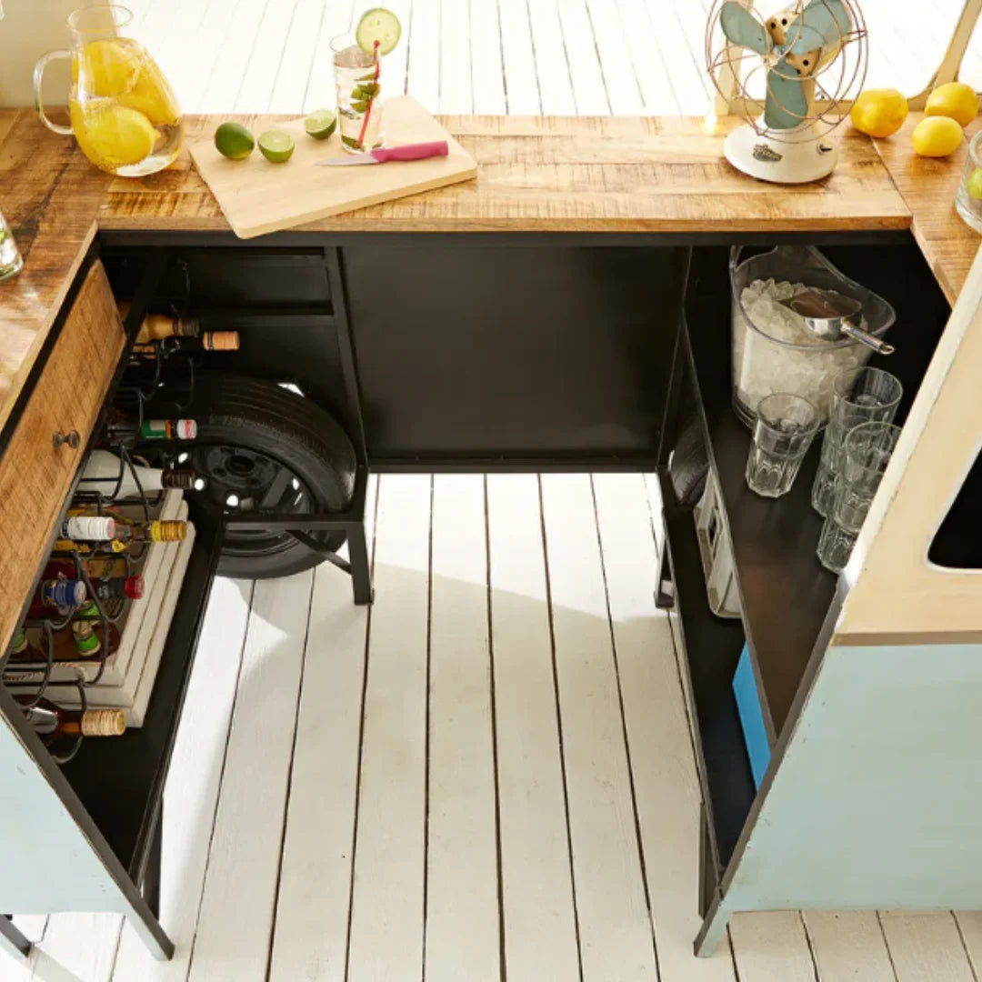 Bus front bar counter with vintage design, wooden finish and storage shelves for stylish home bar setup