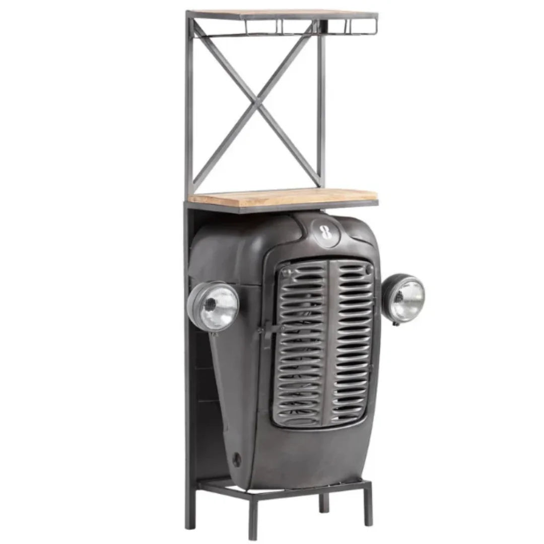  Rustic tractor inspired bar table with storage cabinet, perfect for modern and vintage style interiors