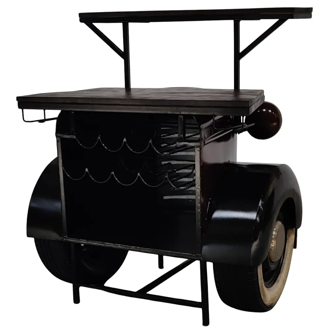 Industrial muscle truck bar cabinet with storage shelves and metal finish design by Foxfurn for home bars
