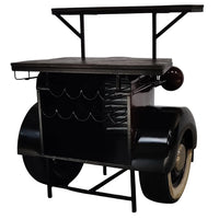 Industrial muscle truck bar cabinet with storage shelves and metal finish design by Foxfurn for home bars
