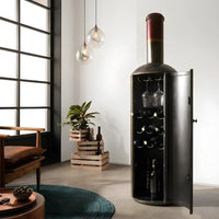 Wooden wine storage cabinet with multiple shelves for bottles and glasses, perfect for stylish home bar setup
