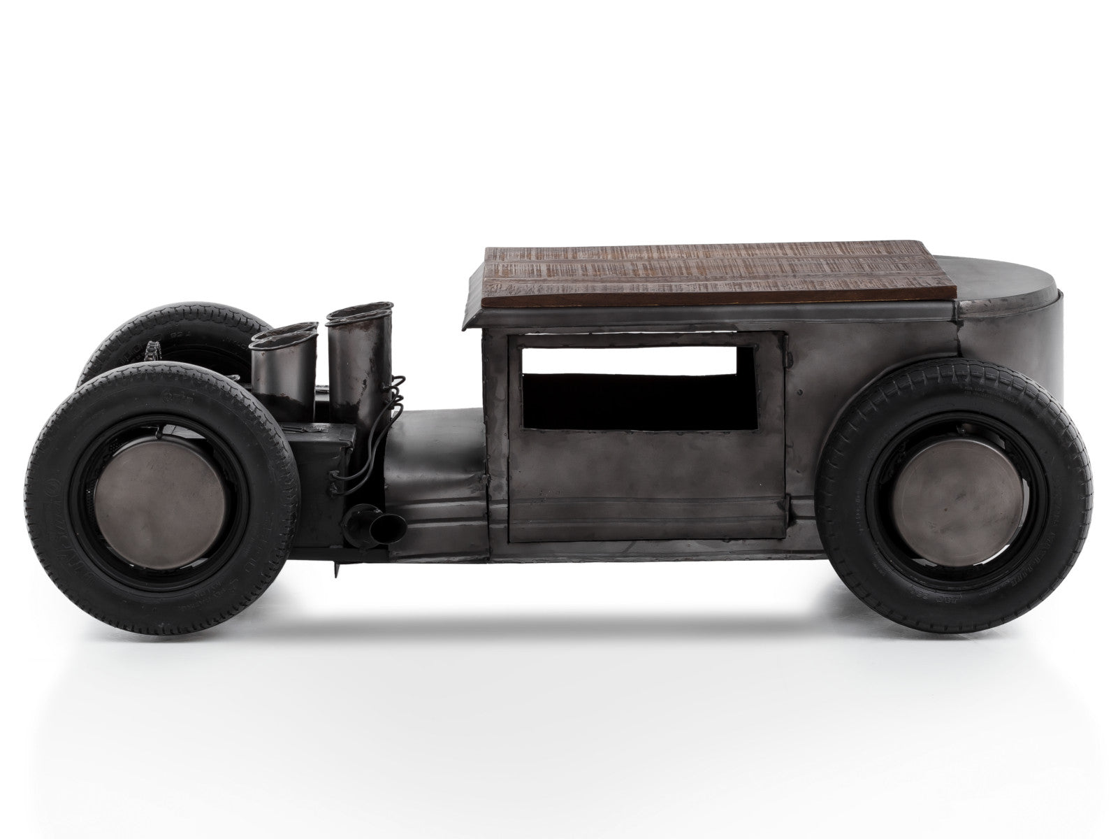 Unique industrial coffee table with car wheels and storage space.