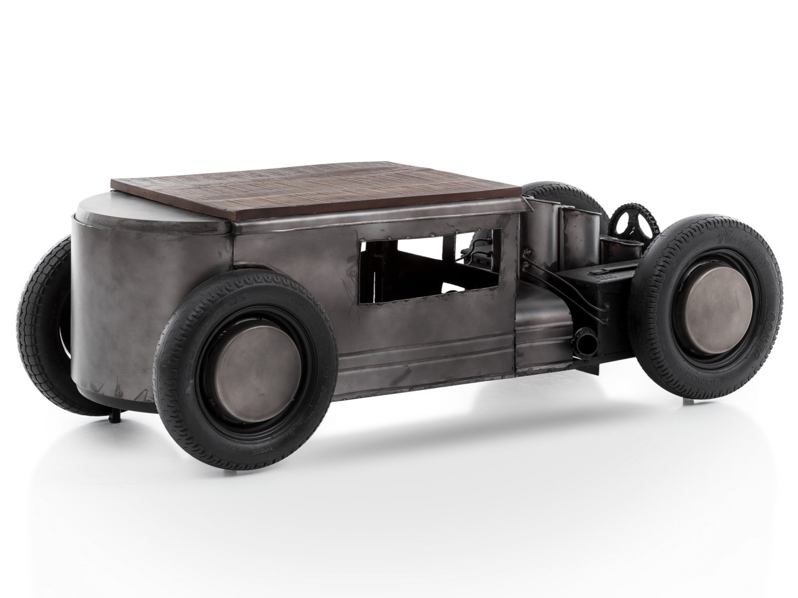 Stylish car coffee table with sleek black design and storage features.