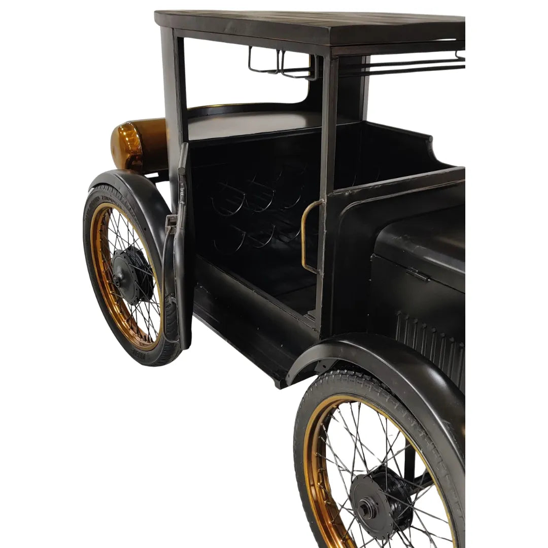 L model car-inspired bar counter with premium finish, storage shelves and unique automotive design by Foxfurn
